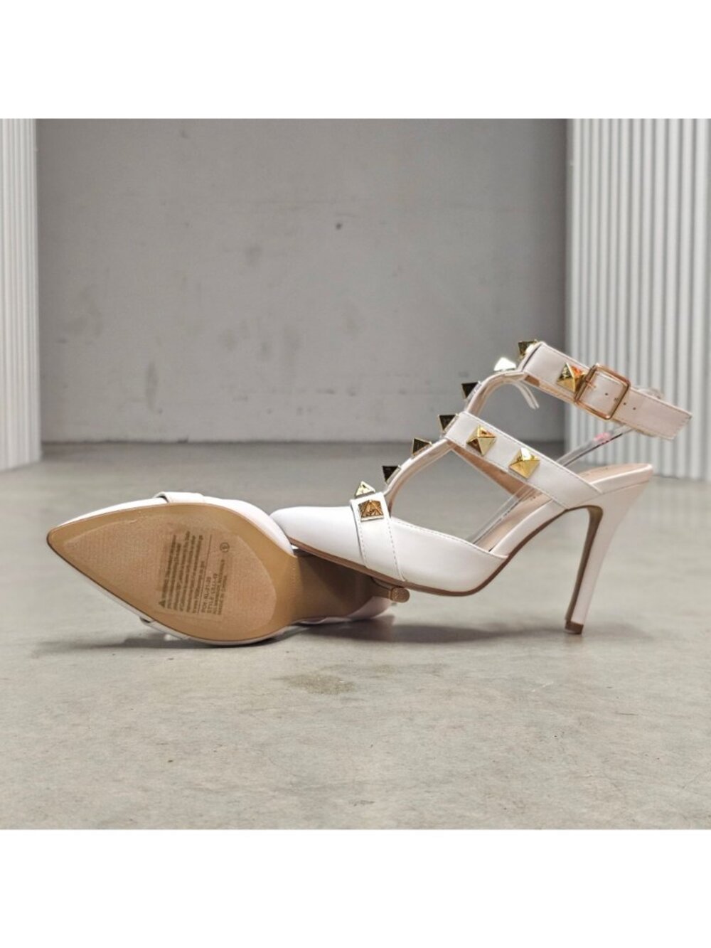 White Studded Pointed-Toe High Heels With Adjustable Buckle Strap & T-Strap Desi - Picture 13 of 15